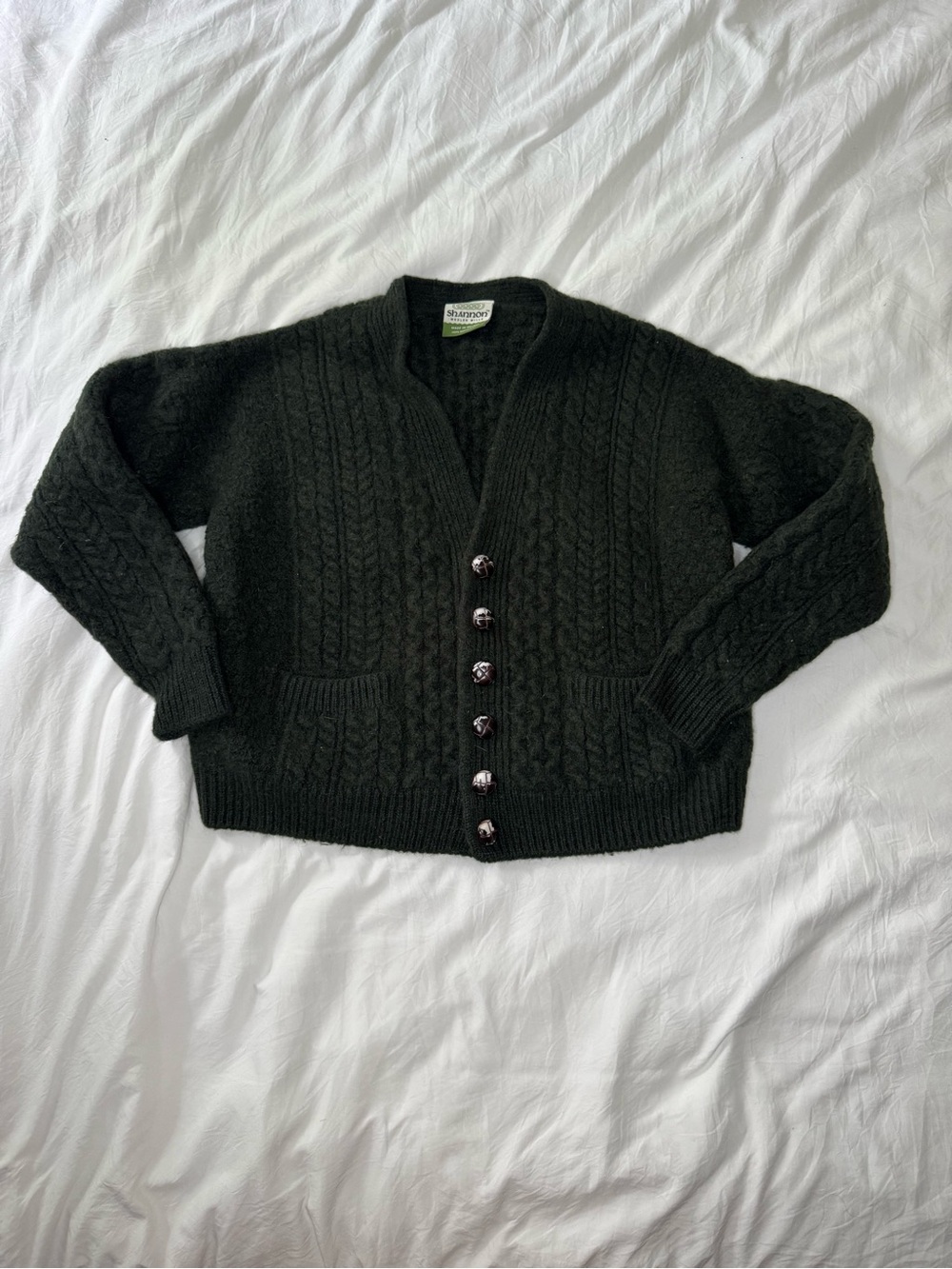 100% Merino Wool Green Cable Cardigan Sweater
